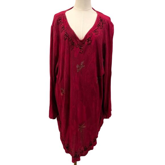 GreaterGood Scarlet Dragonfly Pink Megenta Tunic Top 4X Long Sleeve Embroidered - Picture 2 of 11